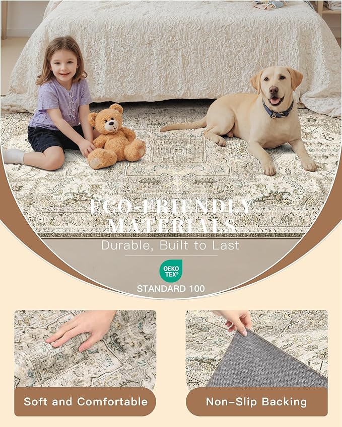 Madane Washable Runner Rug 2x6, Ultra-Thin Non-Slip Non-Shedding Hallway Runner, Stain Resistant Kitchen Mat Entryway Carpet Runner, Vintage Pet Friendly Low Pile Runners (2x6ft, Ivory/Brown)