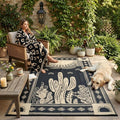 Garvee Waterproof Outdoor Rug 5x8, Cactus Botanical Outdoor Plastic Straw Rug for Camping, Reversible RV Mat Outside, Indoor Outdoor Carpet for Porch, Deck, Backyard, Balcony, Picnic, Black & Brown