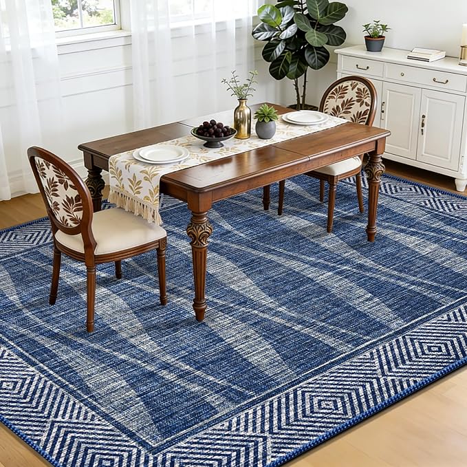 Jute Rug 6x9 Outdoor Patio Rug with Border, Washable Rugs for Living Room, Farmhouse Non Slip Area Rugs with Rubber Backing Indoor Outdoor, Non Shedding Carpet for Bedroom, Courtyard, Blue