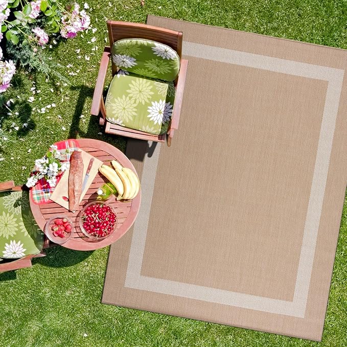 CAMILSON Outdoor Rug 10x14, Large Modern Outside Rugs for Patios Porches Waterproof Durable Washable Non-Shedding, Easy-to-Clean Indoor/Outdoor Area Carpet (10 x 14, Bordered - Beige/White)
