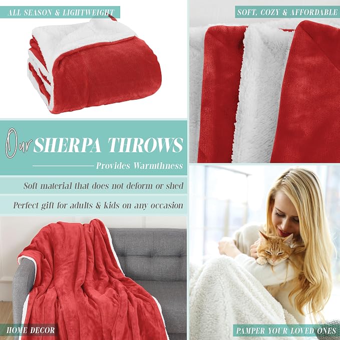 Elegant Comfort Throw Blanket, Reversible Sherpa Flannel, Ultra-Soft, Fuzzy, Cozy and Plush- All Season Lightweight Decorative Throw, 50 x 60 inches, Solid Sherpa Throw, Red