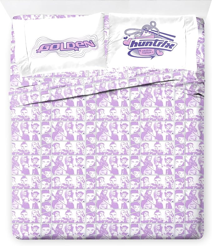 Jay Franco Kids Sheet Set with Fitted, Flat Sheets & Pillow Cover - Ultra-Soft Bedding with Pillowcase for Room Decor, White - Kpop Demon Hunters, 4 Piece Queen