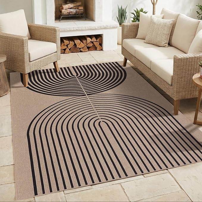 COZYLOOM 5x7 Waterproof Outdoor Patio Rug, Arch Striped Easy Jute Rugs for Living Room, Non Slip Non Shedding Modern Rainbow Area Rug for Entryway, Bedroom, Dining Room, Backyard, Porch, Nature＆Black