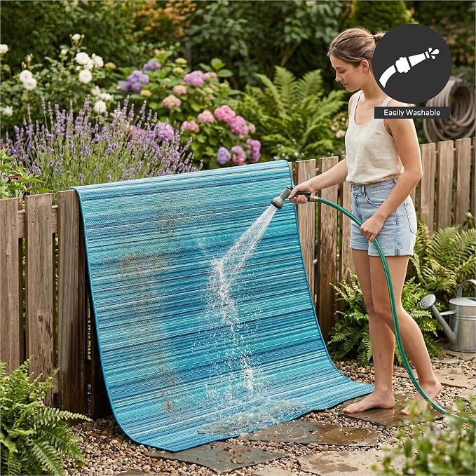FH Home Outdoor Rug - Waterproof, Fade Resistant, Reversible - Premium Recycled Plastic - Striped - Patio, Deck, Porch, Balcony - Havana - Turquoise Crease Free - 5 x 8 ft