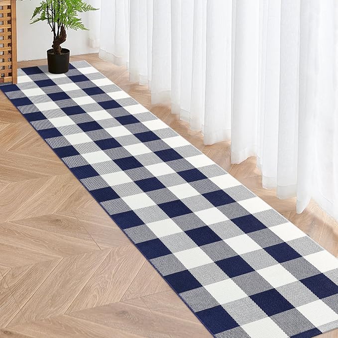 Buffalo Plaid Runner Rug 2x8 Feet Navy and White Checkered Hallway Runner Area Rug Farmhouse Cotton Woven Washable Carpet for Entryway, Kitchen, Laundry, Bedroom, Living Room