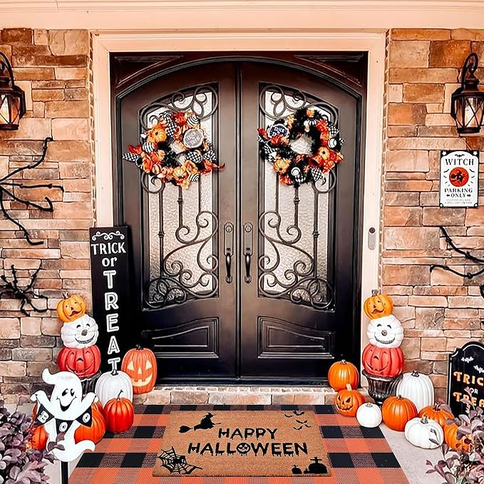 Halloween Decor Doormat Combo Set, 100% Coco Coir Welcome Mat + 3' x 5' Orange and Black Plaid Rug - Halloween Fall Front Porch Entryway Decor Floor Mat, Outdoors Autumn Mats Happy Halloween