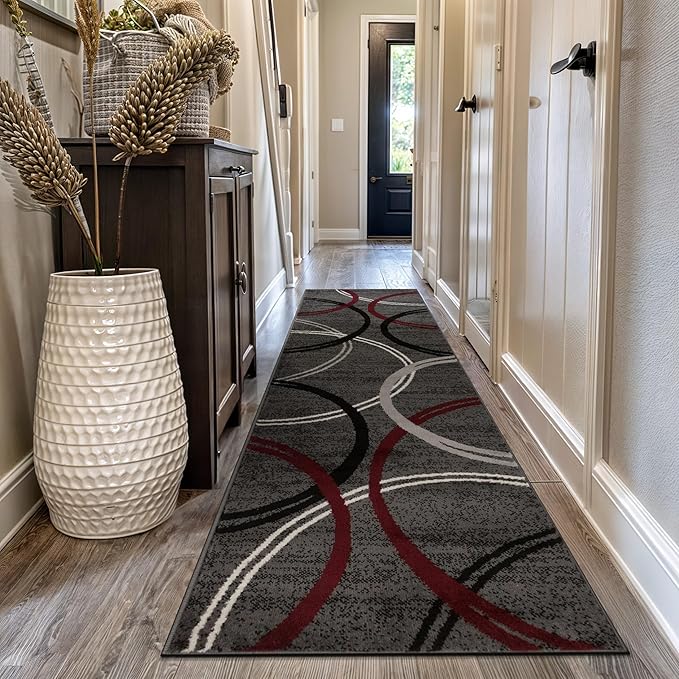 Rugshop Wavy Circles Modern Non-Shedding Runner Rug Red 2'7" x 10' | Rectangular, Size 2'7" x 10', Living Room, Bedroom, Dining Room, Home Office, Kitchen, Entryway, Hallway, Nursery, Kids Room