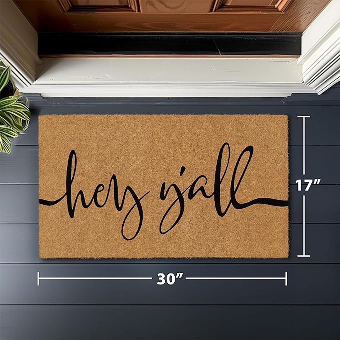 Barnyard Designs Natural Coco Coir Heavy Duty Backing Doormat - Large Cute Non-Slip Front Door Welcome Mat for Outside Entrance or Porch Entry, Brown (17x 30, Y'all)