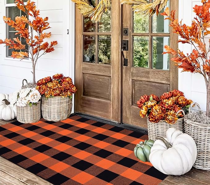 Orange and Black Outdoor Rug 3x5ft,Halloween Front Porch Mat Farmhouse Cotton Washable Layering Rug Checkered Area Rug for Porch,Entryway,Indoor,Outdoor,Halloween,Fall