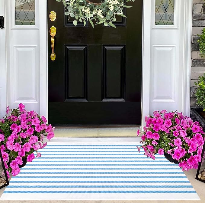 Light Blue White Outdoor Front Door Mat 24"x35",Cotton Woven Washable Striped Layered Doormat Indoor Outdoor Area Rug for Entryway Porch Decor Home Entrance