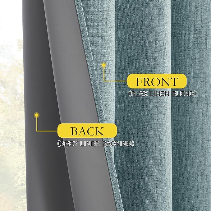 NICETOWN 100% Absolutely Blackout Linen Curtains with Thermal Insulated White Liner, Skylark Blue, 52 inches Wide, 95 inches Length Energy Saving Curtains for Living Room 2 Panels Set, Vertical Blinds