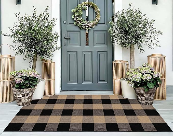 Front Porch Rug 2'X4.3' Tan and Black Spring Outdoor Porch Rug Cotton Woven Washable Door Mats Outdoor for Welcome Hello Layered/Entrance/Bedroom/Living Room