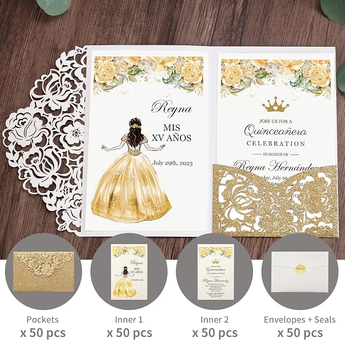 DORIS HOME 50Pcs Personalized Laser Cut Quinceanera Invitations, Gold | 4.7"x7.1", Glitter, Customized Quince Invitations, For 15th Birthday, Sweet 16, With Envelopes