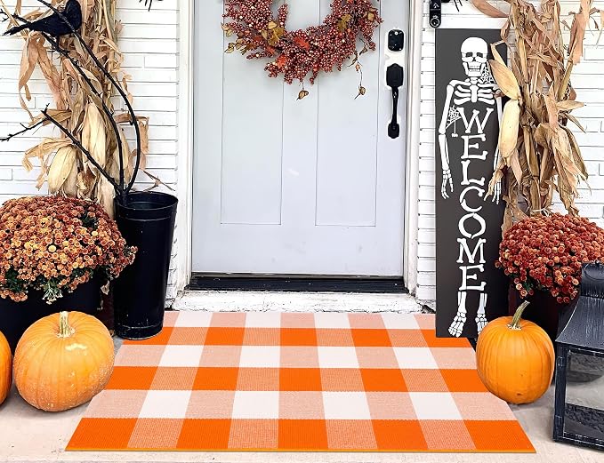 Cotton Buffalo Plaid Outdoor Rug 24'' x 35'' Orange and White Layered Doormat,Halloween Front Door Mat Outdoor,Farmhoue Woven Washable Checkered Rug for Porch, Entryway, Farmhouse, Autumn, Halloween