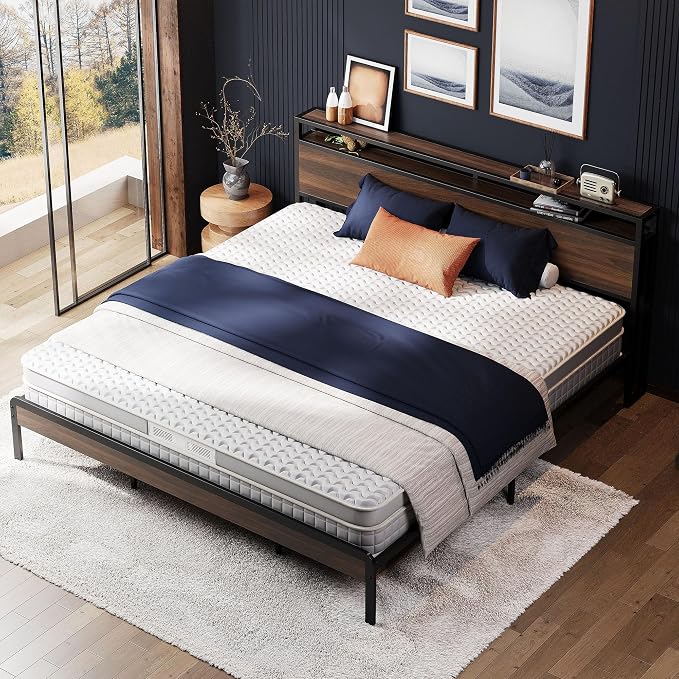 LIKIMIO King Size Bed Frame with 2-Tier Storage Shelf Headboard | Dark Wood Platform Bed, Camas King with Strong Metal Supports, Sturdy, Noise-Free, No Box Spring Needed, Dark Walnut