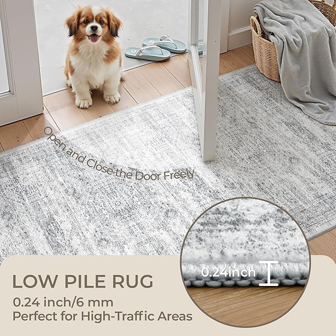 Washable Runner Rug 2.5x16, Non-Slip Long Hallway Runner for Entryway, Soft Vintage Kitchen Mats for Floor, Abstract Dining Room, Bedroom, Living Room Rugs(2.5'x16', Grey/Ivory)