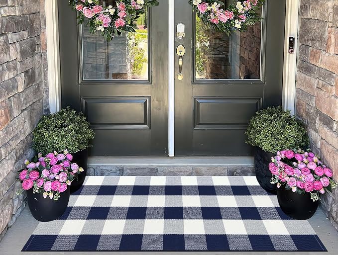 Blue and White Outdoor Rug 24''x 51''Buffalo Plaid Checkered Front Porch Rug Woven Machine Washable Farmhouse Door Mats Outdoor for Hello/Welcome Mat,Entryway,Bedroom,Patio