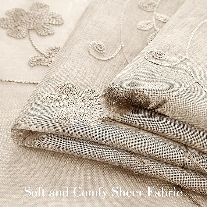 HOMEIDEAS Taupe Sheer Curtains 84 Inches Long 2 Panels Beige Embroidered Floral - Image 3