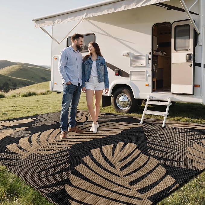GENIMO Outdoor Rug, Waterproof Plastic Rugs 10'x14' for Camping Black Brown | Outside Larger Leaf Carpet Mat for Porch Decor, Deck, Balcony, Camping, RV, Backyard, Picnic, Beach, Reversible, Foldable