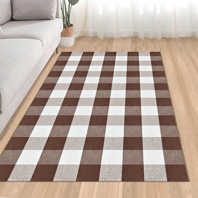 Buffalo Plaid Rug 3x5 Brown and White Checkered Rug Grid Indoor Outdoor Doormat Porch Layering Carpet Cotton Woven Washable Area Mat for Patio Entryway Farmhouse Decor