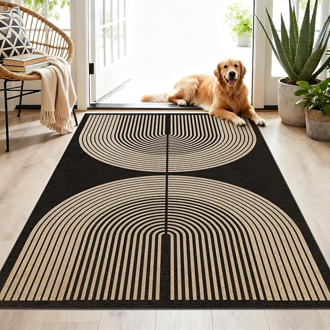 Washable Rainbow Easy Jute Rug 3x5, Black Outdoor Indoor Patio Modern Geometric Neutral Small Rugs, Woven Non Slip Thin Carpet Mat for Living Bedroom Entryway Front Door Farmhouse Doorway Kids