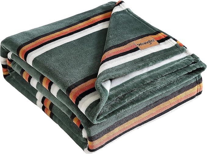 Wrangler - King Size Blanket, Ultra-Soft Plush Blanket, Medium Weight Cozy Bedding, Striped Americana Decor, Western Saddle Green