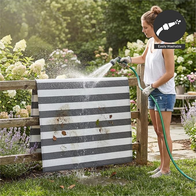 FH Home Outdoor Rug - Waterproof, Fade Resistant, Crease-Free - Premium Recycled Plastic - Geometric - Patio, Porch, Deck, Balcony - Brittany Stripe - Gray & White - 5 x 8 ft