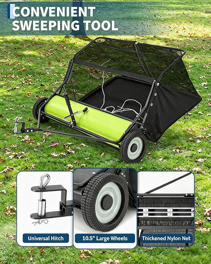 Garvee 48 in Lawn Sweeper Tow Behind, 26 Cu. ft Large Hopper Leaf & Grass Collector, Heavy Duty Pull Behind Yard Sweeper with Adjustable Sweeping Height for Yard, Lawn, Farm | Leaf & Grass Collector,Heavy Duty Pull Behind Yard Sweeper with Adjustable S...