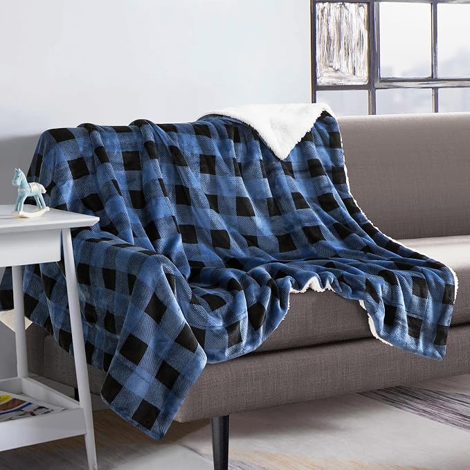 Elegant Comfort Luxury Ultra-Plush Velvet Touch Buffalo Plaid Fleece Throw - Soft, Warm, Cozy Micromink Sherpa-Backing Reversible Blanket for Bed, Sofa and Couch, Buffalo Blue
