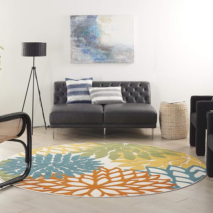 Nourison Home Aloha Turquoise Multicolor 7'10" x Round Area Rug - Easy Clean, Non Shedding, Bed Room, Living Room, Dining Room, Kitchen (8' x Round)