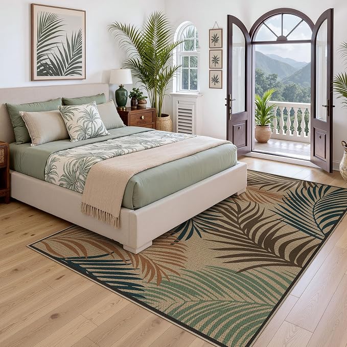 Tribesigns 5x7 Blue Green Coastal Easy Jute Patio Area Rug for Living Room | Washable, Non-Slip Coastal Leaf Design for Bedroom, Dining Room, Office and Indoor Outdoor Spaces, Includes 4 Rug Grippers