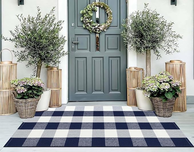 Front Porch Rug 2'X4.3' Blue and White Checkered Outdoor Rug Cotton Woven Washable Halloween Layering Door Mat for Welcome Mat Entryway Bedroom Living Room