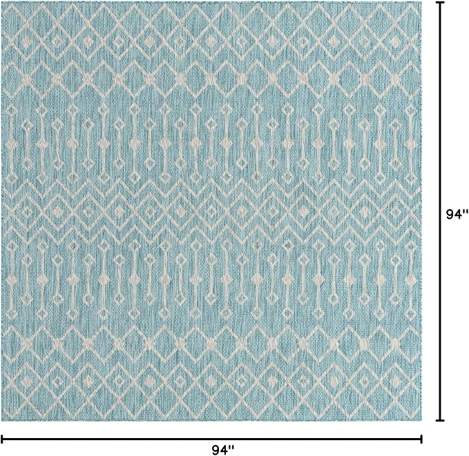 Unique Loom Outdoor Trellis Collection Area Rug - Tribal Trellis (7' 10" Square, Aqua/ Ivory)