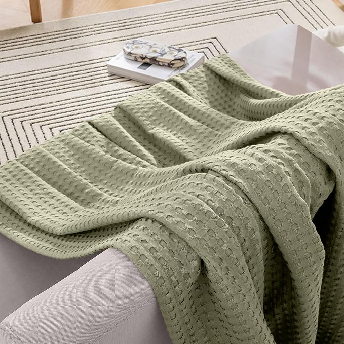 Elegant Comfort Premium 100% Cotton Waffle Blanket - Lightweight Breathable Waffle Weave Bed Blanket - Soft and Warm All Season Blanket for Couch, Sofa and Bed, King Size 90x108 Inches, Sage