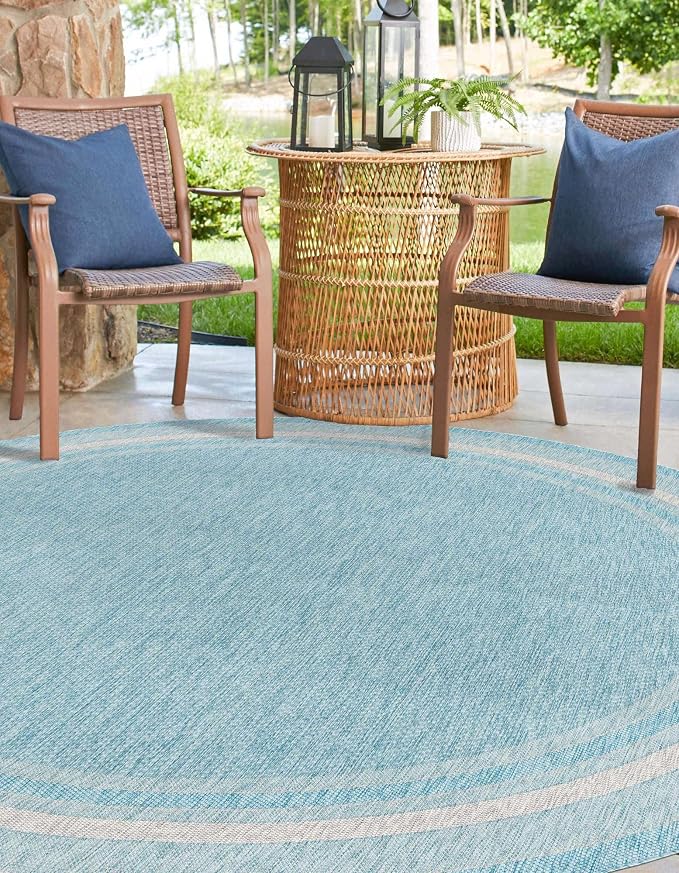 Unique Loom Outdoor Border Collection Area Rug - Soft Border (13' Round, Aquamarine/ Ivory)
