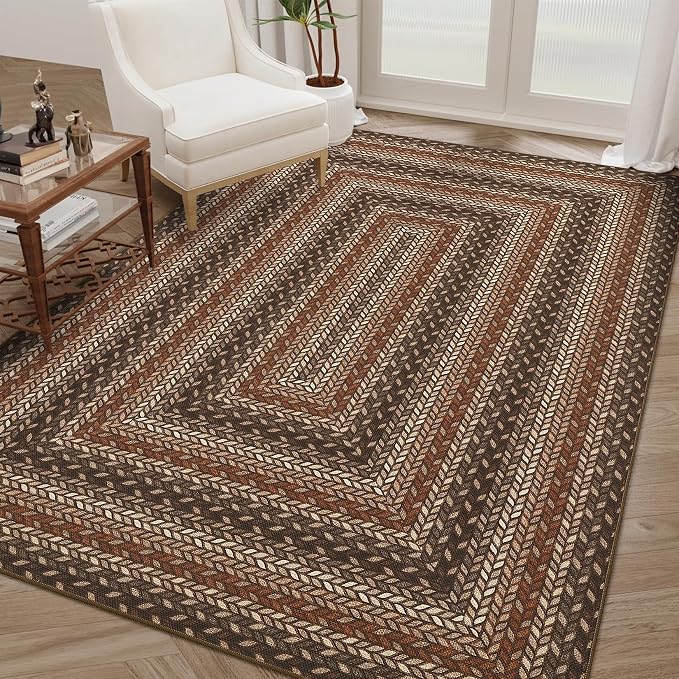 GarveeHome 8x10 Washable Living Room Area Rug Non Slip Braided Rugs | Low Pile Stain Resistant Dining Room Throw Carpet Indoor Outdoor Modern Bordered Area Rugs for Home Decor, Tan