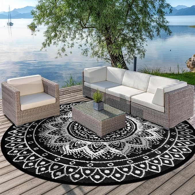 Round Outdoor Rugs for Patios, 8Ft Waterproof Reversible Plastic Straw Mat with Carry Bags, Boho Lightweight Outdoor Carpet Portable Round Floor Mat for Patio Camping Picnic Backyard RV,Black & White