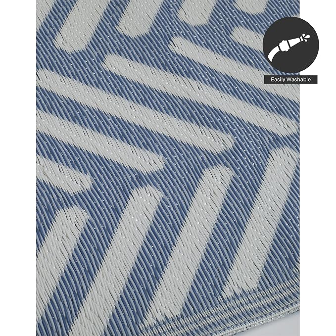FH Home Outdoor Camping Rug - Waterproof, Fade Resistant, Reversible - Premium Recycled Plastic - Herringbone - Large Patio, Deck, Sunroom, RV - Fresno - Light Blue - 9 x 18 ft Foldable