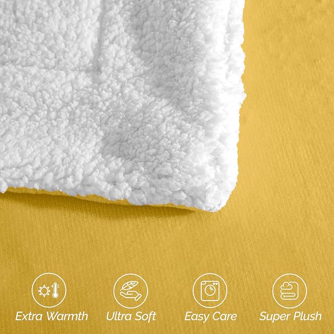Elegant Comfort Ultra Soft Reversible Flannel Sherpa Blanket - Cozy Silky Fleece Throw for Couch, Bed - Plush Fuzzy Warm Winter Blanket for Gift, Queen, Yellow