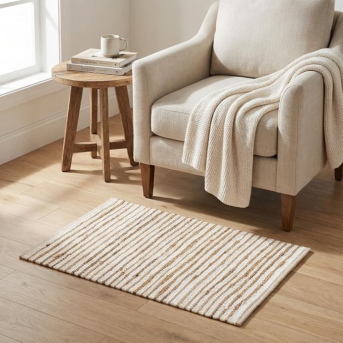 THE BEER VALLEY Jute Cotton Stripe Kitchen Rug 2x3 Feet - Natural White | Small Neutral Area Door mat for Entryway, Easy Clean Outdoor Indoor Boho Entry Rugs
