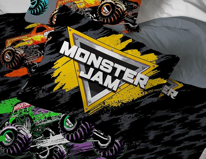 Monster Jam Trucks Full Size Comforter Set 7 Piece Kids Bedding, Black | Grave Digger Megalodon, Comforter Sheets Shams Pillowcases, Official Product, Soft Microfiber, Machine Washable, Boys Gift