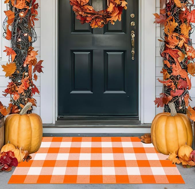 Fall Layered Doormat 27.5 x 43 inch,Orange and White Plaid Rug Cotton Woven Washable Front Door Mat Outdoor Checkered Area Rug for Porch,Entryway,Farmhouse,Halloween,Indoor,Outdoor