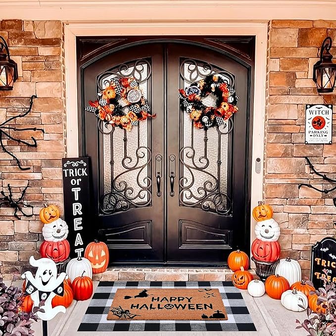 Homydecor Halloween Decor Doormat Combo Set, 100 Percent Coco Coir Welcome Mat + 28X43 Inches Black and White Plaid Rug - Halloween Front Porch Entryway Decor Floor Mat, Outdoor Mats Happy Halloween
