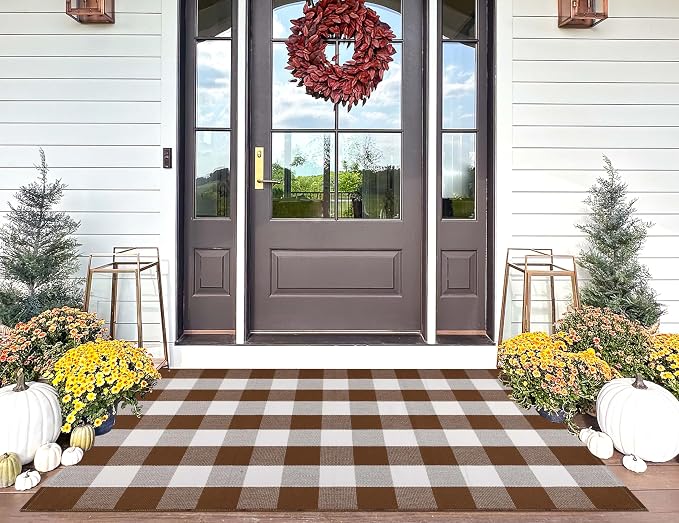 Fall Outdoor Rug 3'x5',Halloween Front Porch Rug Cotton Woven Washable Farmhouse Checkered Area Rug,Layering Rug for Hello/Welcome Door Mat Front Porch Decor