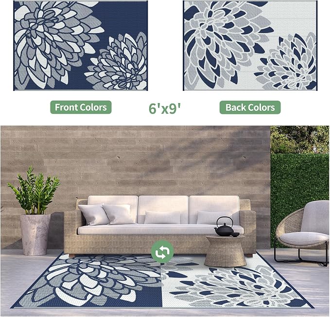 GENIMO Outdoor Rug, Waterproof Plastic Rugs for Patio, 6'x9' Indigo White | Outside Larger Leaf Carpet Mat for Porch Decor, Deck, Balcony, Camping, RV, Backyard, Picnic, Beach, Reversible, Foldable