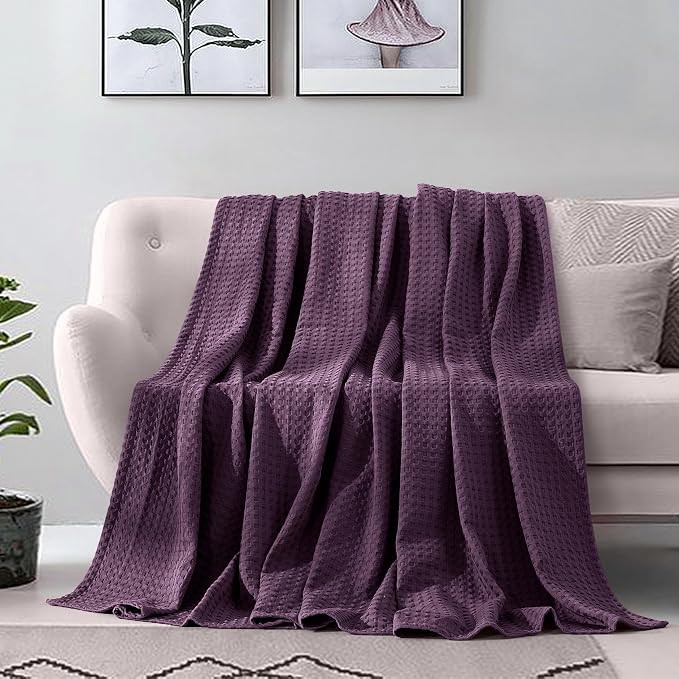 Elegant Comfort Premium 100% Cotton Waffle Blanket - Lightweight Breathable Waffle Weave Bed Blanket - Soft and Warm All Season Blanket for Couch, Sofa and Bed, Full Size 88x88 Inches, Purple