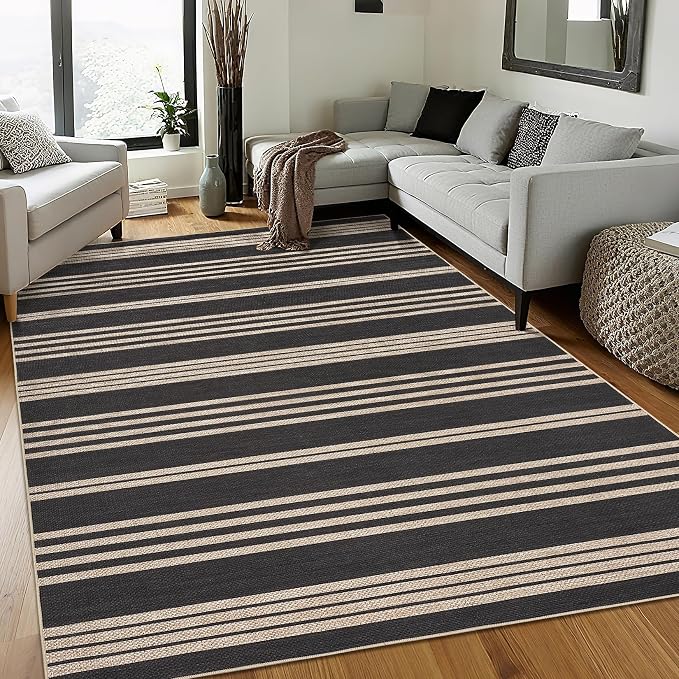 COZYLOOM Striped Easy Jute Rug 5x7 Washable Area Rug for Living Room, Modern Backyard Rugs with Non Slip Backing, Stain Resistant Non Shedding Farmhouse Mats for RV, Patio, Bedroom, Black/White