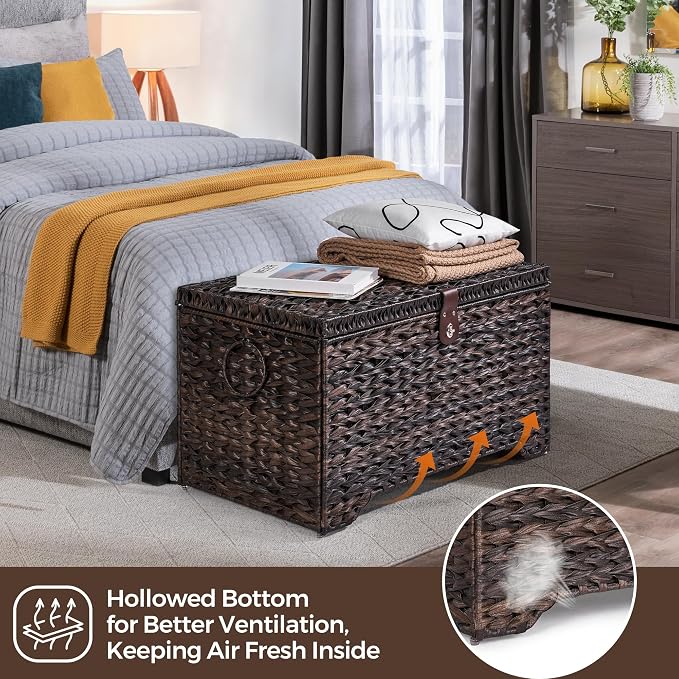 165L Handwoven Wicker Storage Basket with Lid, Large Storage Trunk | Leather Buckle Closure; Waterproof PP Wicker; Large Metal Ring Handles; Reinforced Steel Frame