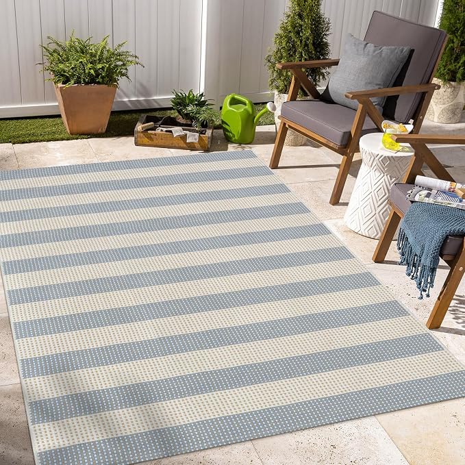OJIA Washable Area Rug 4'x6', Striped Indoor Outdoor Rugs Patio Camping Rug | Cotton Woven Entryway Rugs Indoor Outdoor Patio Rugs Carpet Large Area Rugs for Bedroom/Porch/Deck/Backyard/Living Room Blue