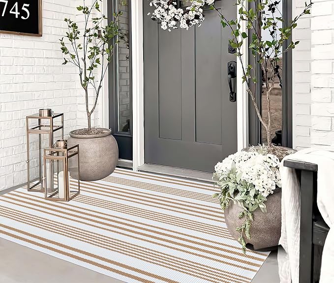 BUAGETUP Khaki and White Outdoor Rug 3'x 5' Hand-Woven Cotton Washable Rug Striped Front Porch Rug Indoor/Outdoor Area Rug Floor Mat for Farmhouse/Layered Door Mats/Living Room